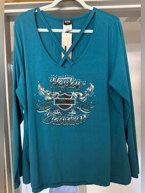 Harley-Davidson Women's Teal Long Sleeve V-Neck Graphic Tee